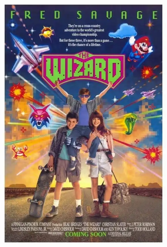 A movie poster for 'The Wizard' featuring three young protagonists standing on a desert road, surrounded by pixelated video…