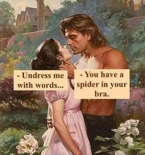A vintage romantic painting depicts a shirtless man and a woman in a pink dress about to kiss. Text boxes overlay the image…