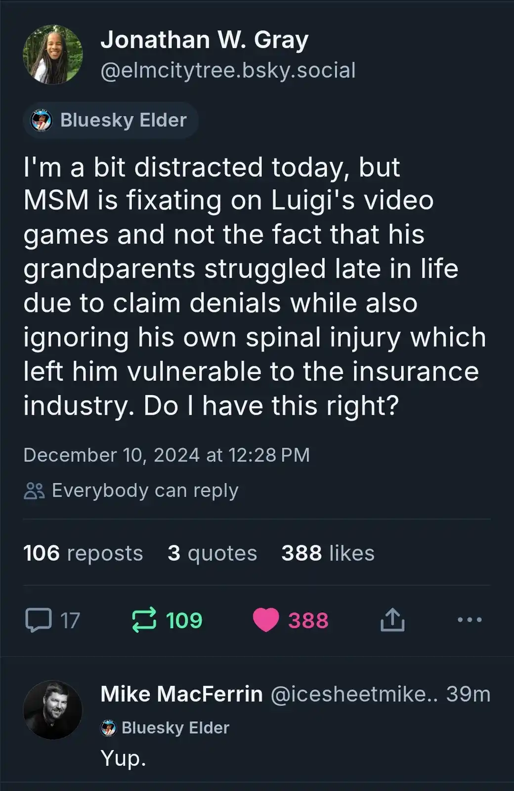A screenshot of a Bluesky social media post by Jonathan W. Gray, who claims mainstream media is ignoring Luigi's personal…