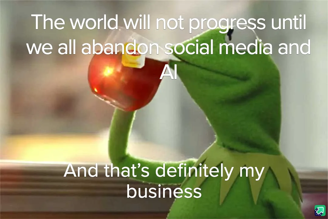 A green frog puppet, Kermit the Frog, is shown holding a red apple with a tea bag inside, looking at it with a smug…