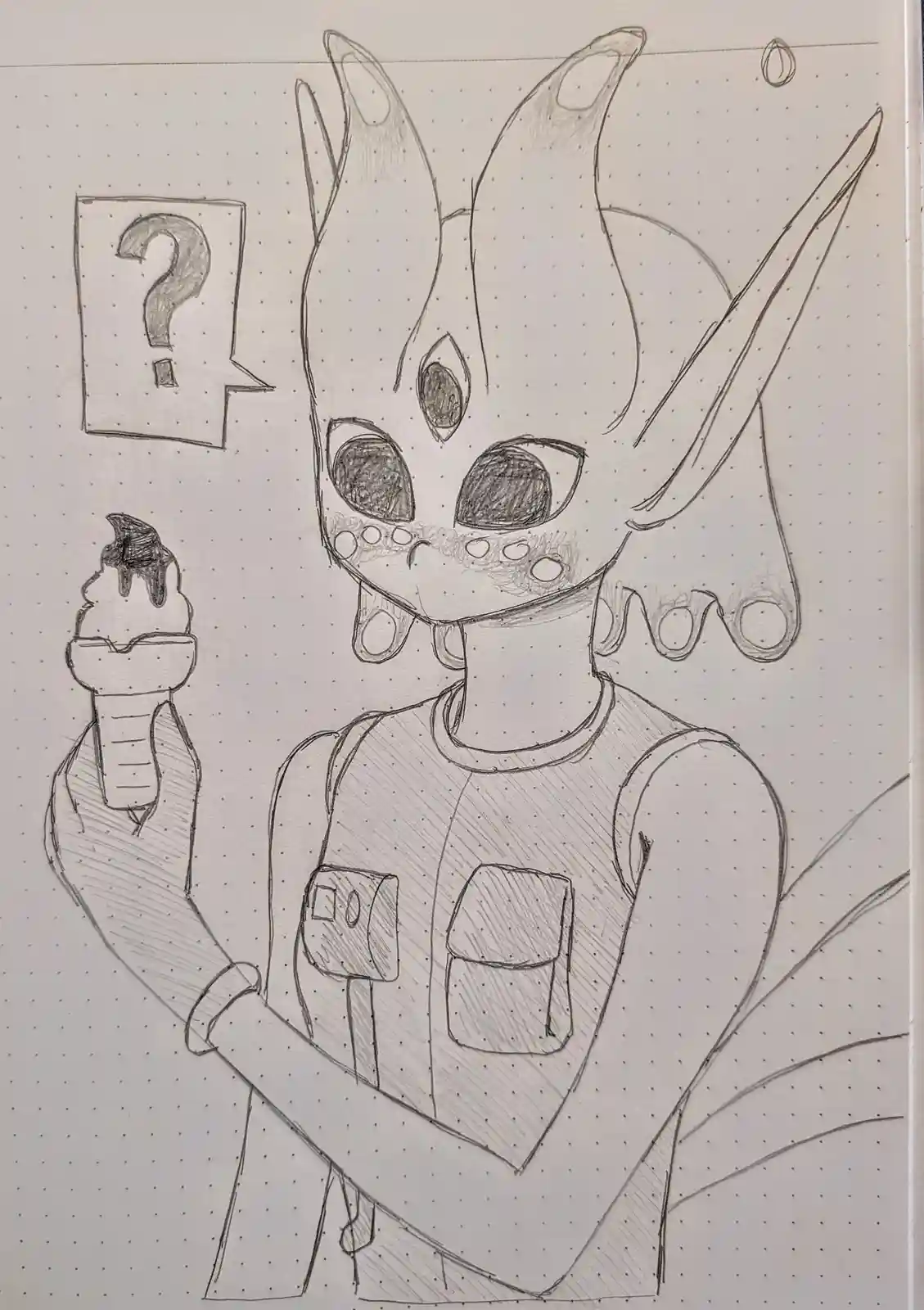 A pencil sketch of a stylized, horned, alien-like character with large eyes and a neutral expression, holding an ice cream…