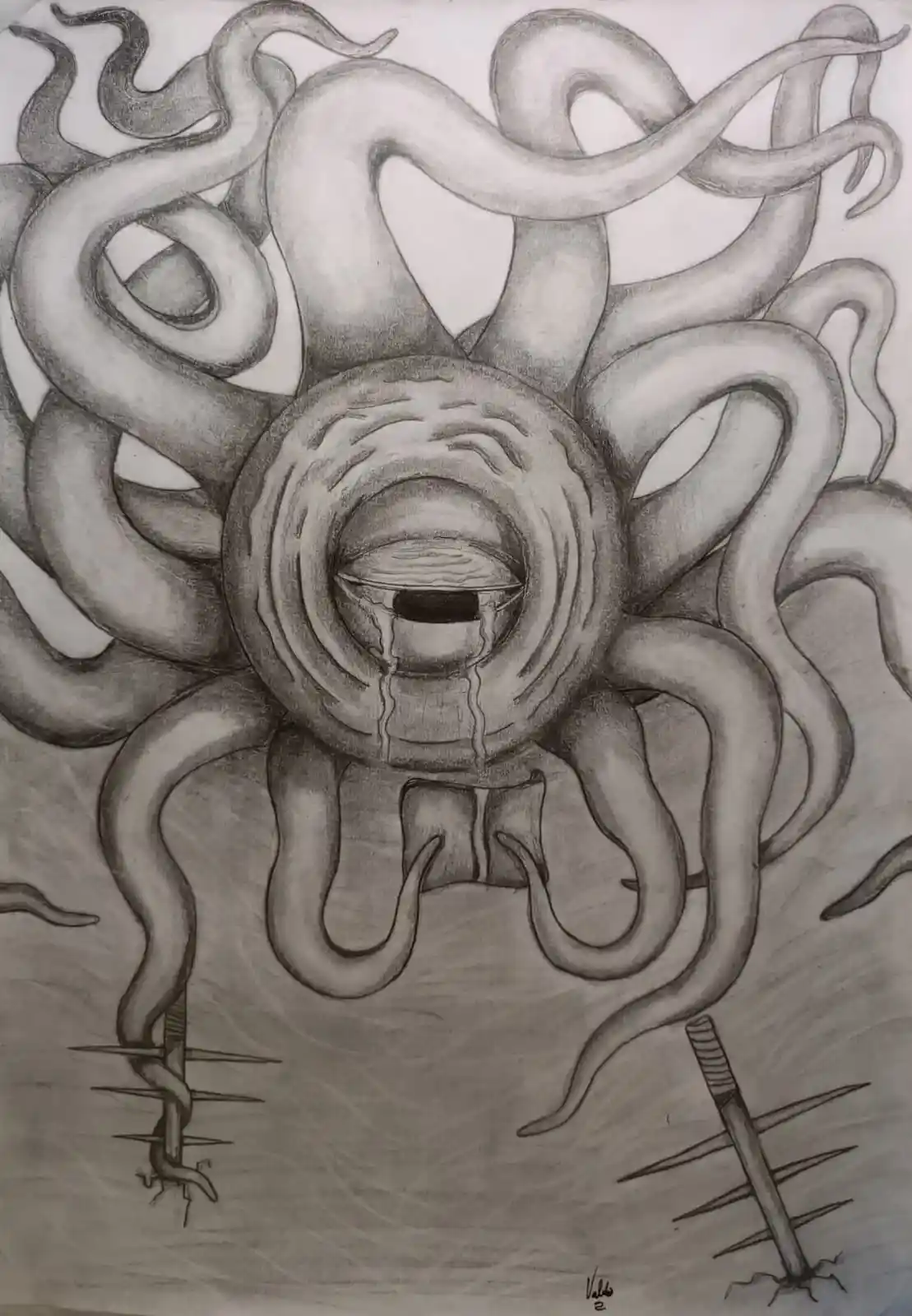 A detailed pencil drawing of a monstrous, multi-tentacled entity with a single large eye at its center, from which tears are…