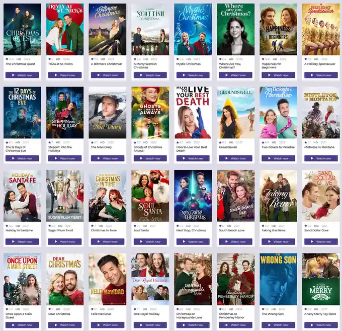 A grid of Christmas movie posters, including titles like 'The Christmas Quest', 'Trivial at St. Nick's', and 'A Merry…