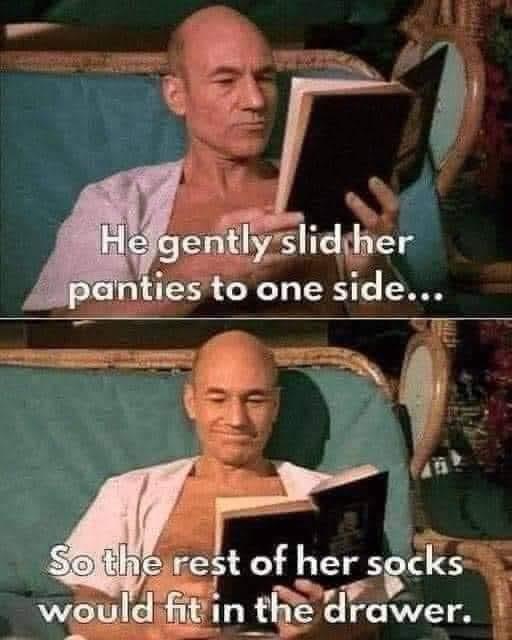 Two-panel meme featuring Patrick Stewart as Captain Picard from Star Trek, reading a book. In the top panel, he looks…