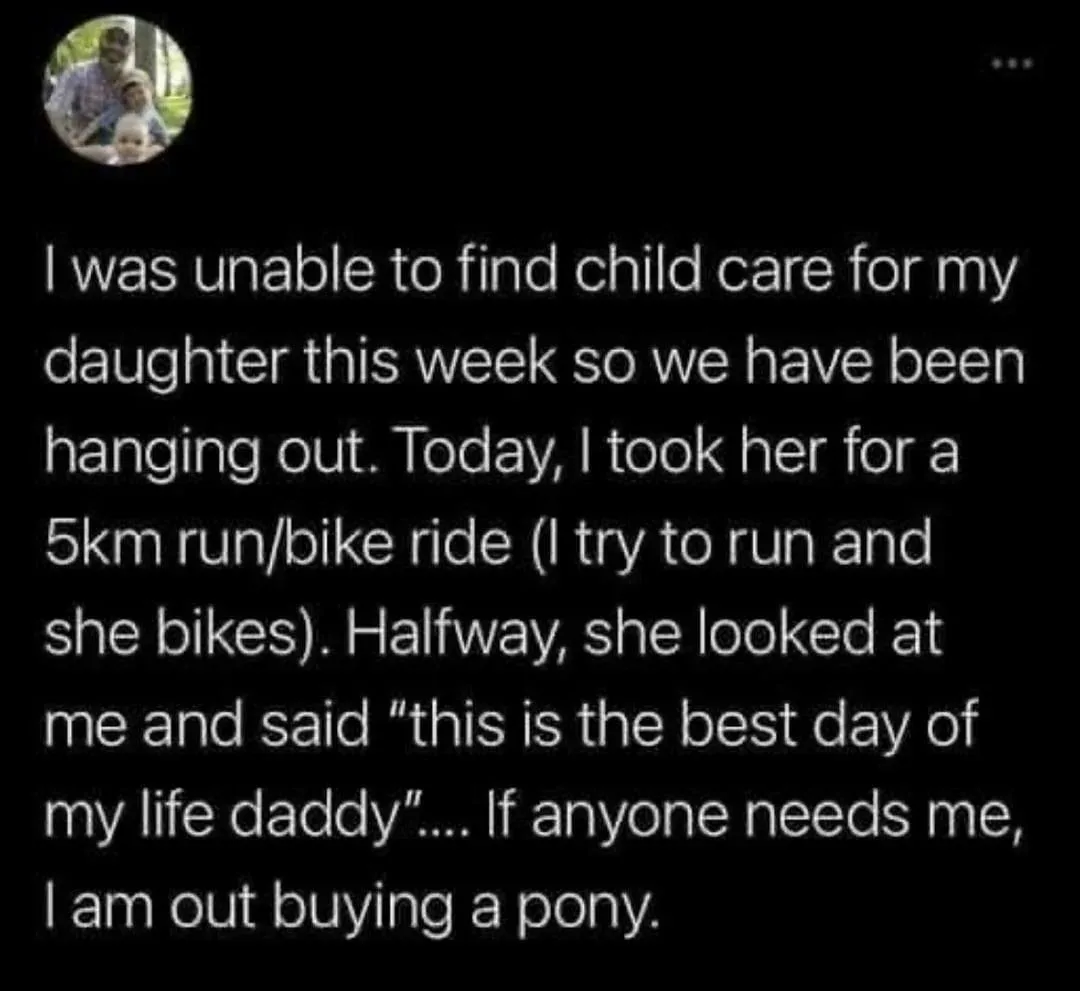 A black-background image displays a white text post from a social media profile, which reads: 'I was unable to find child…