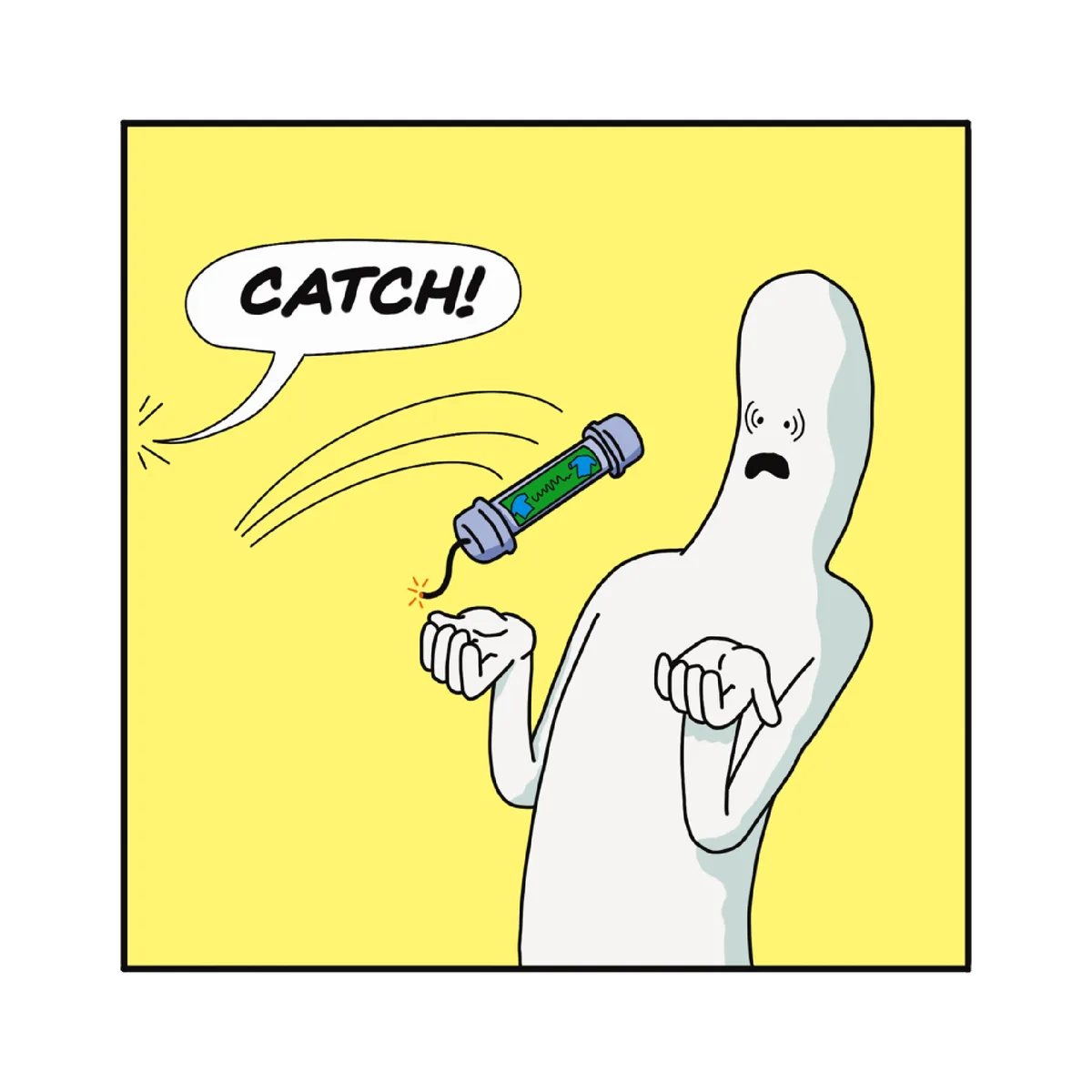 A cartoon ghost with a mustache and wide eyes throws a syringe filled with green liquid toward its own outstretched hand…