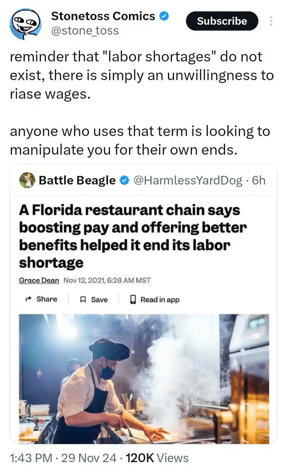 The image shows a screenshot of a tweet from 'Stonetoss Comics' that overlays text criticizing the term 'labor shortages,'…