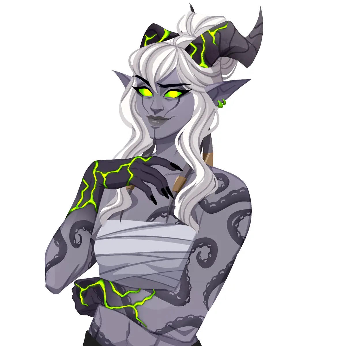 A stylized cartoon demon with gray skin, white hair, glowing green eyes, and black horns with green lightning patterns. She…