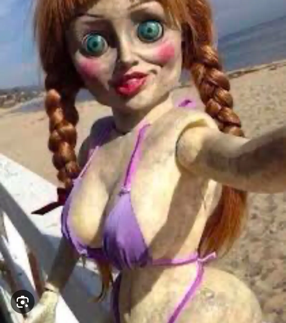 A person with exaggerated doll-like features, including large blue eyes, rosy cheeks, and braided red hair, is taking a…