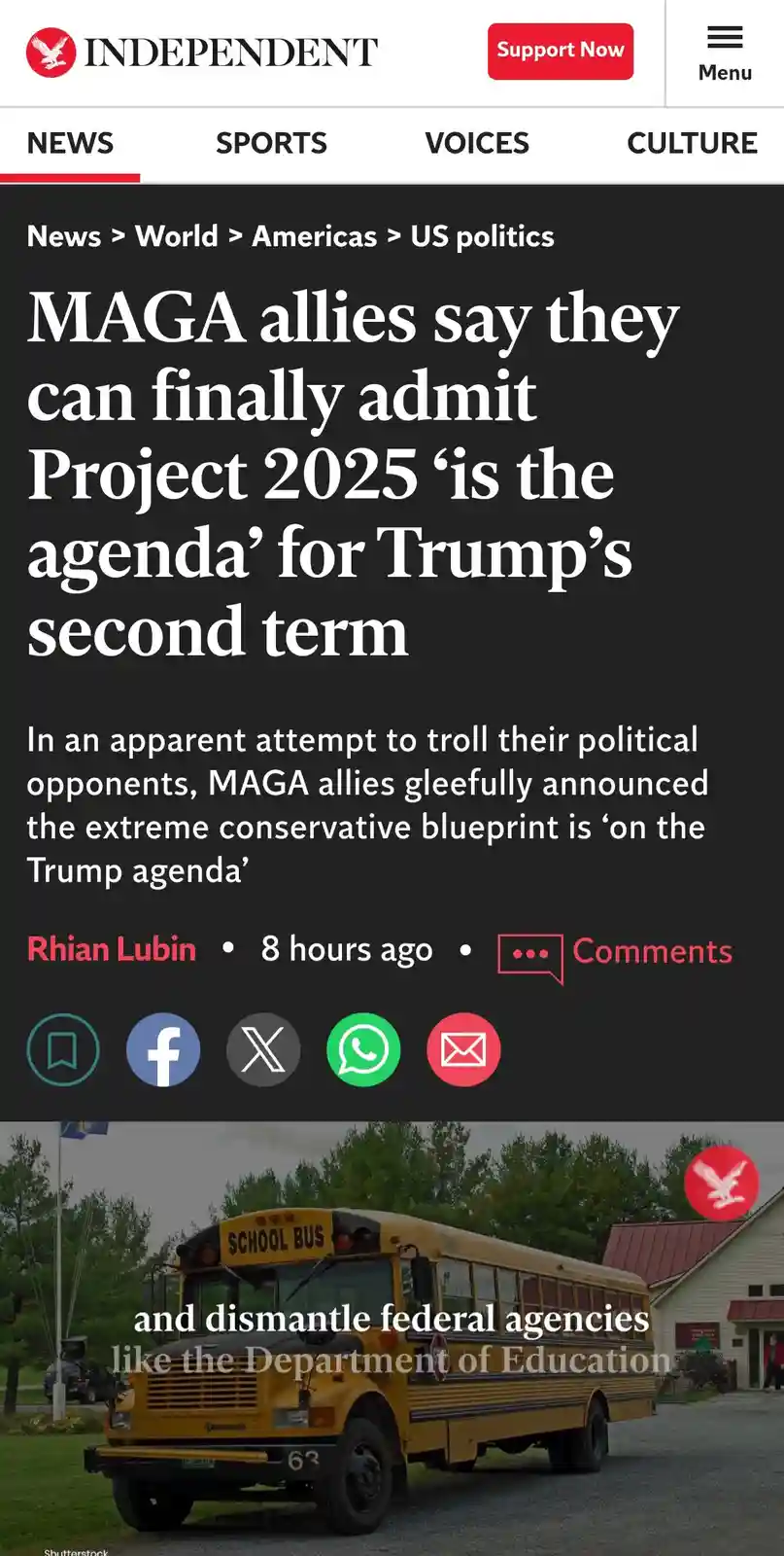 A screenshot of a news article from The Independent with the headline 'MAGA allies say they can finally admit Project 2025…