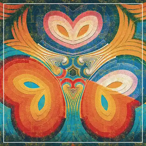 A symmetrical, psychedelic artwork featuring three stylized owl faces with heart-shaped heads and large, almond-shaped eyes…