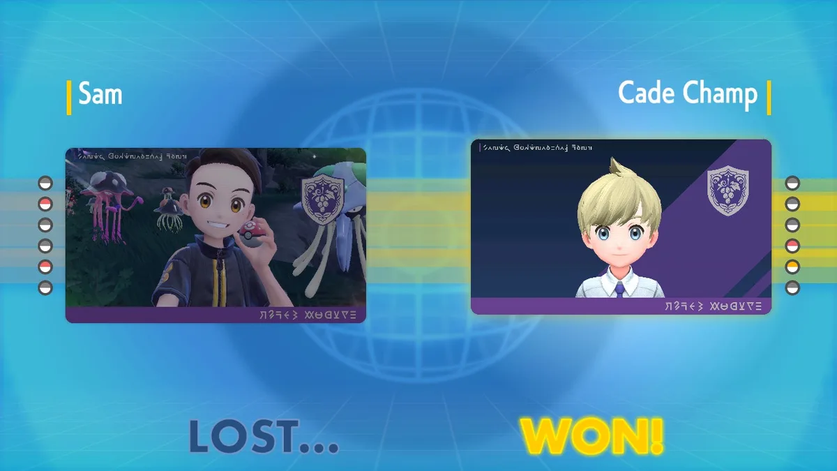 A Pokémon battle results screen shows two players: 'Sam' on the left, labeled 'LOST...', and 'Cade Champ' on the right…