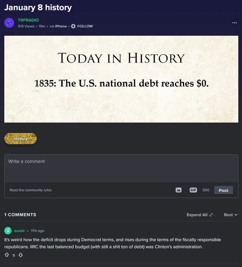 A screenshot of a social media post showing a 'Today in History' graphic that states '1835: The U.S. national debt reaches…
