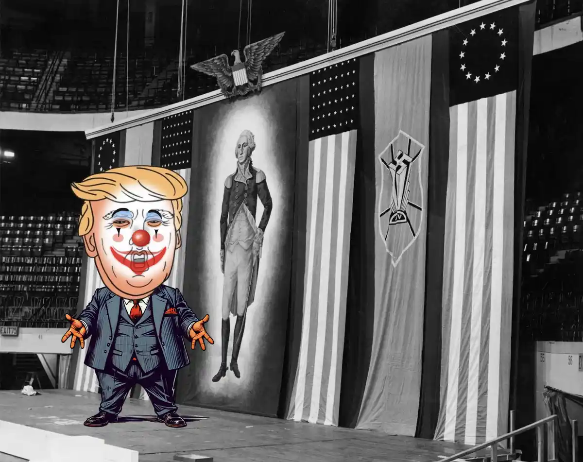 A cartoon clown with Donald Trump's face and hairstyle stands on a stage in front of a backdrop featuring a portrait of…