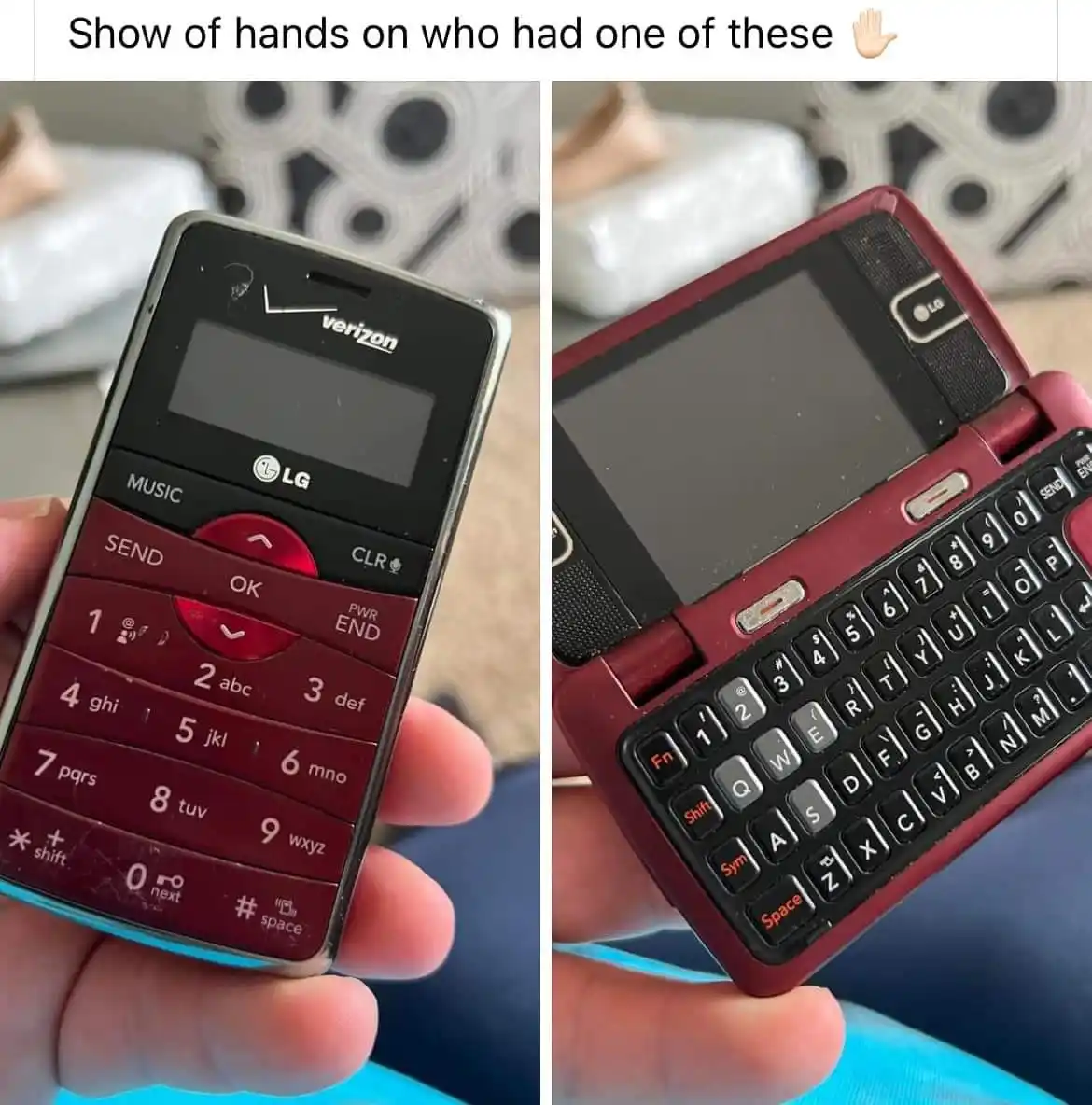 The image displays two side-by-side photos of a red LG flip phone, one showing the closed front with a Verizon logo and…