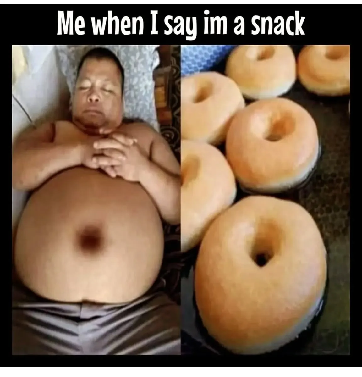 The image is split: on the left, a man with a very large belly lies on his back with eyes closed and hands clasped over his…