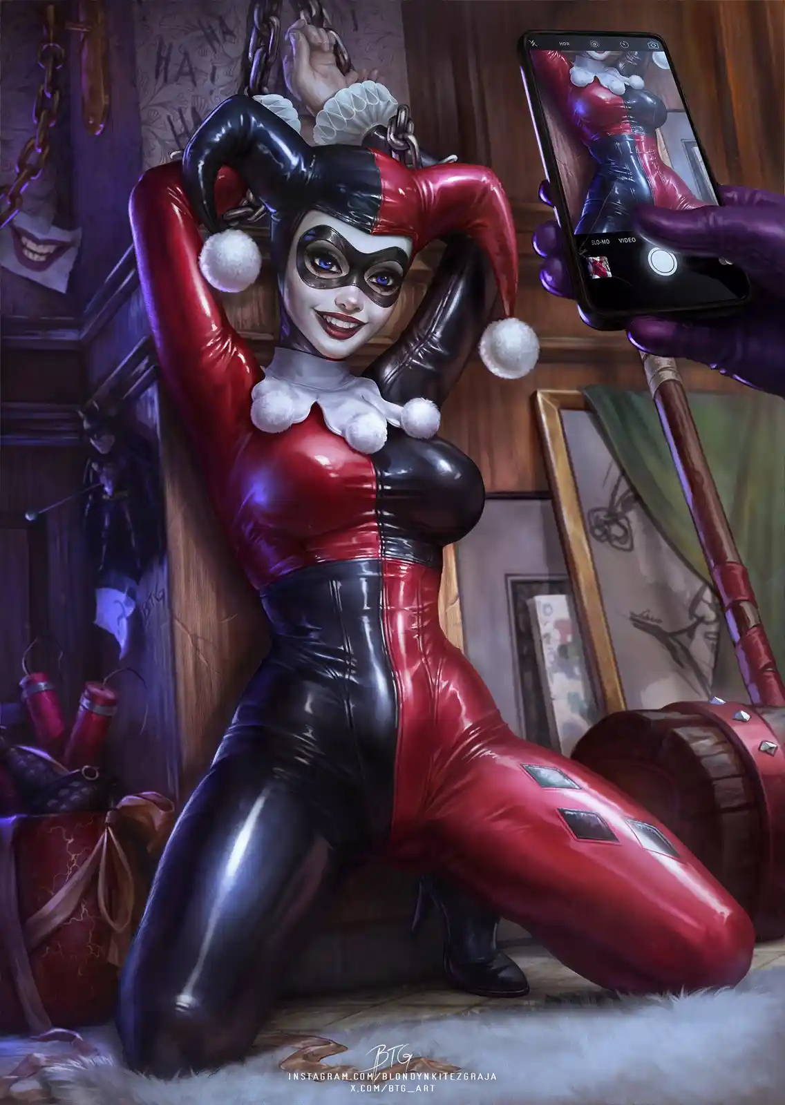 A digitally rendered image of Harley Quinn in her iconic red-and-black jester outfit, kneeling and smiling while being…