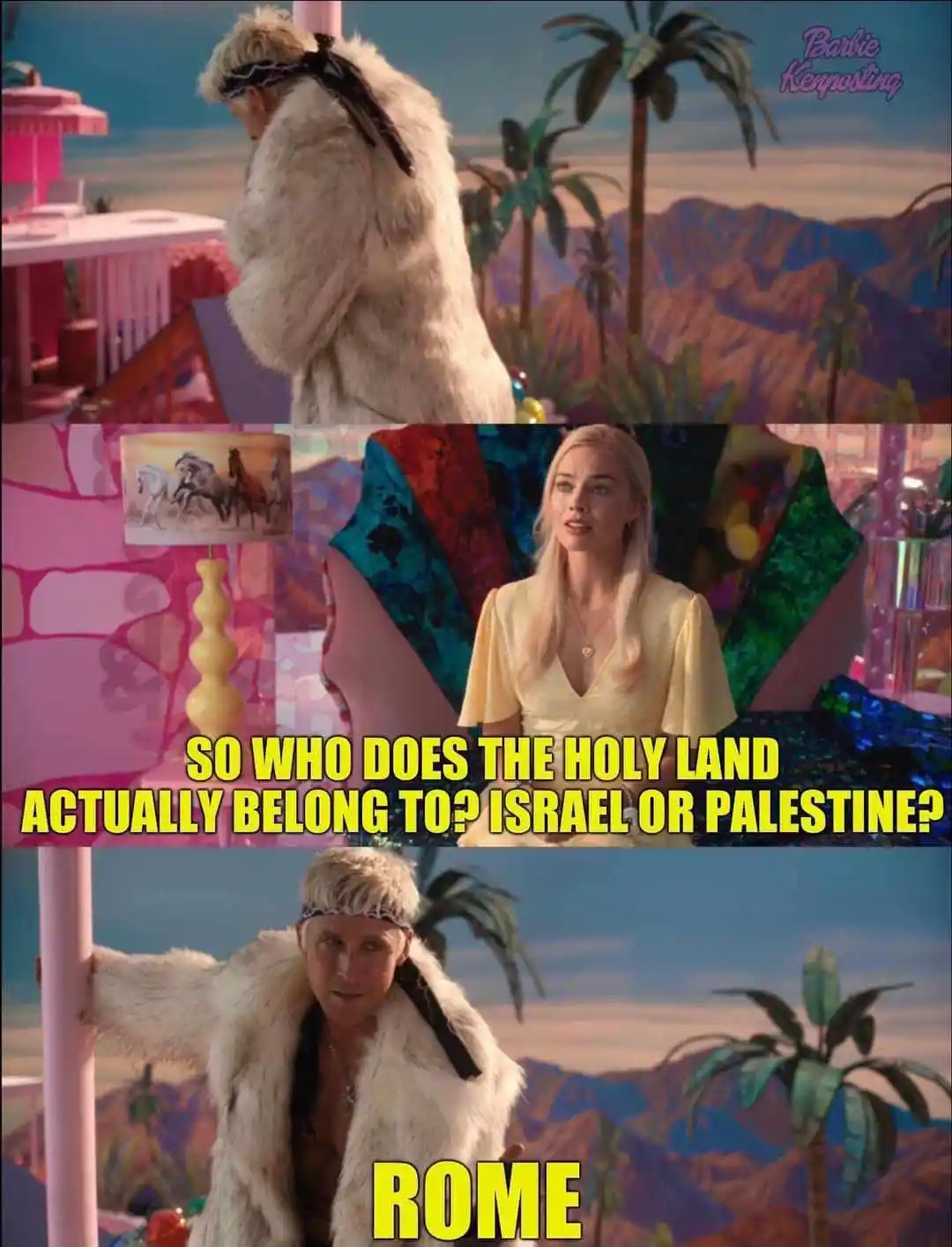 The meme features three panels from the movie 'Barbie'. The top panel shows a character in a white fur coat looking out over…