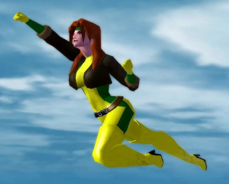 A 3D-rendered female superhero character with red hair, wearing a yellow and green suit with a black jacket and belt, is…