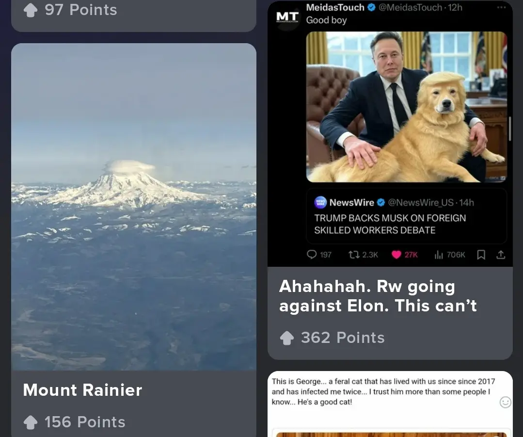 The image shows a split-screen view of a Reddit-style interface. On the left, a photo of Mount Rainier with snow-capped…