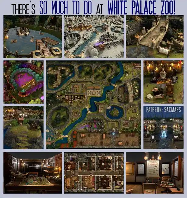 A collage of nine screenshots from the game 'White Palace Zoo' showcasing various themed areas, including a river, snowy…