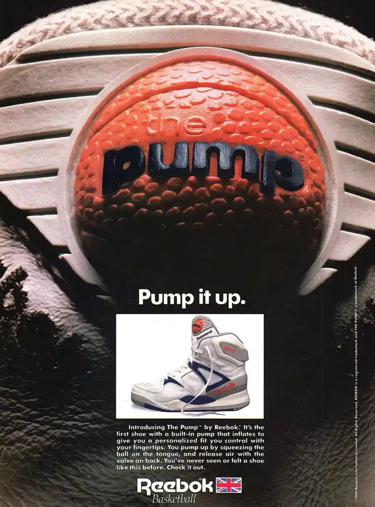 This is a vintage 1989 Reebok advertisement for 'The Pump' basketball shoe, featuring a close-up of the shoe's sole with an…