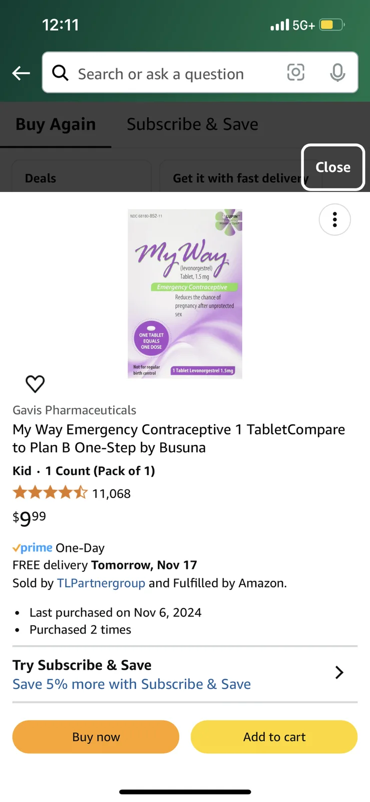 An Amazon product page for 'My Way Emergency Contraceptive 1 Tablet' by Gavis Pharmaceuticals, showing a price of $9.99, a…