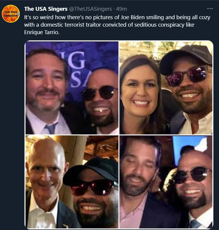 A four-panel collage shows Joe Biden posing for selfies with Enrique Tarrio, who is wearing sunglasses in all photos. The…