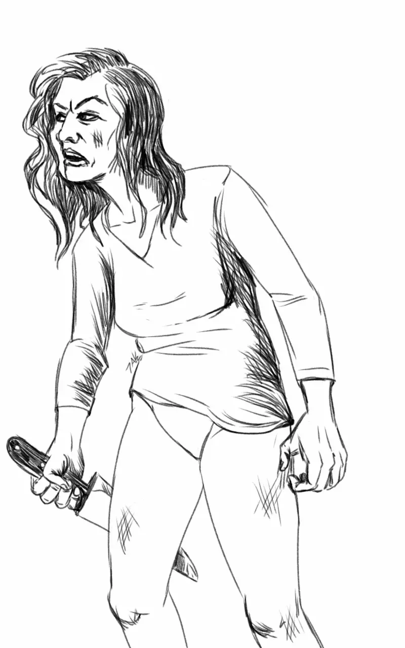 A black-and-white sketch depicts a woman with a distressed, angry expression, holding a knife in her right hand while her…