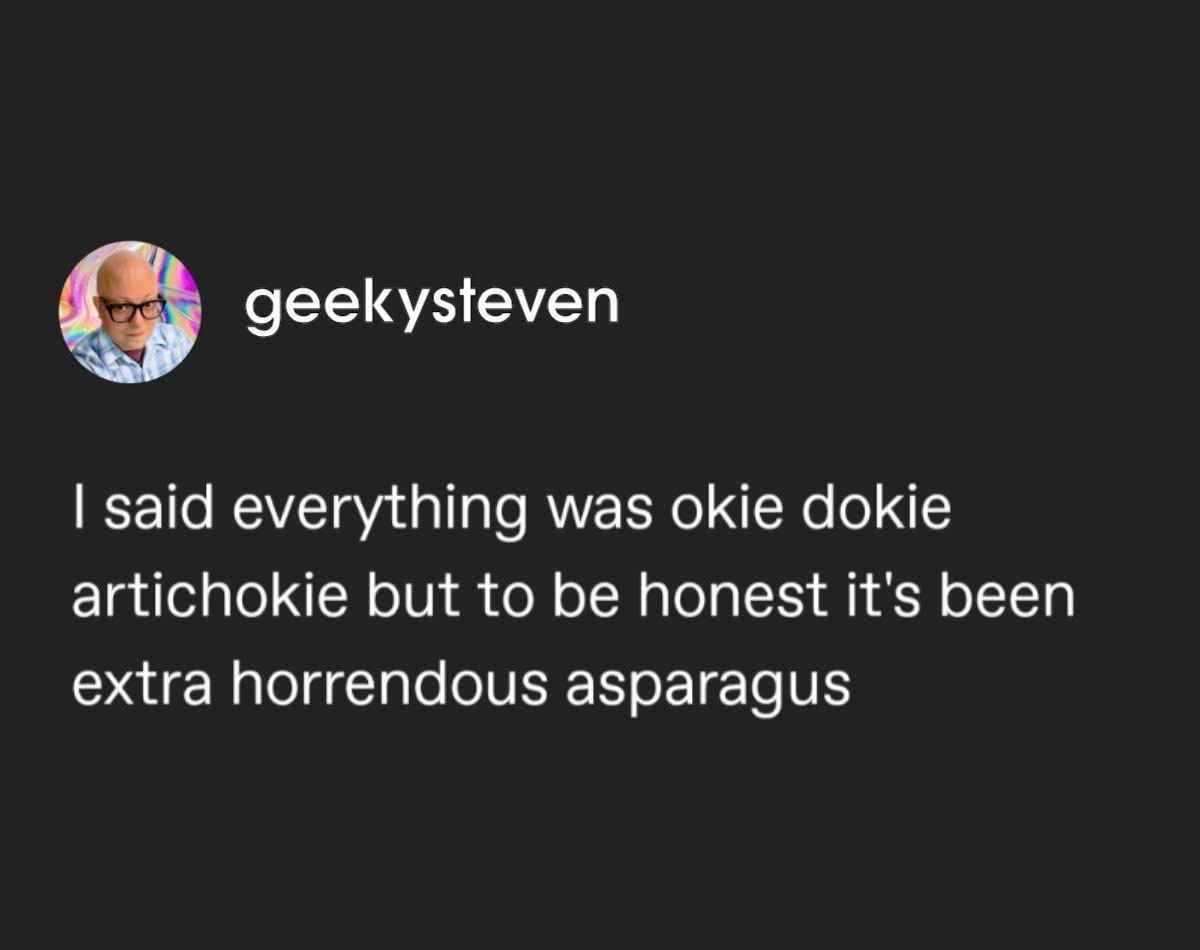 A dark-themed social media post by user 'geekysteven' with a circular profile picture of a bald man in glasses. The post…