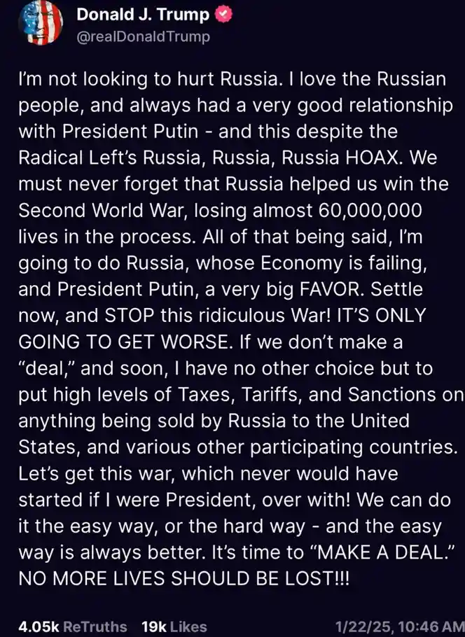 A screenshot of a fictional tweet attributed to Donald J. Trump, featuring his profile picture and handle, with a long text…
