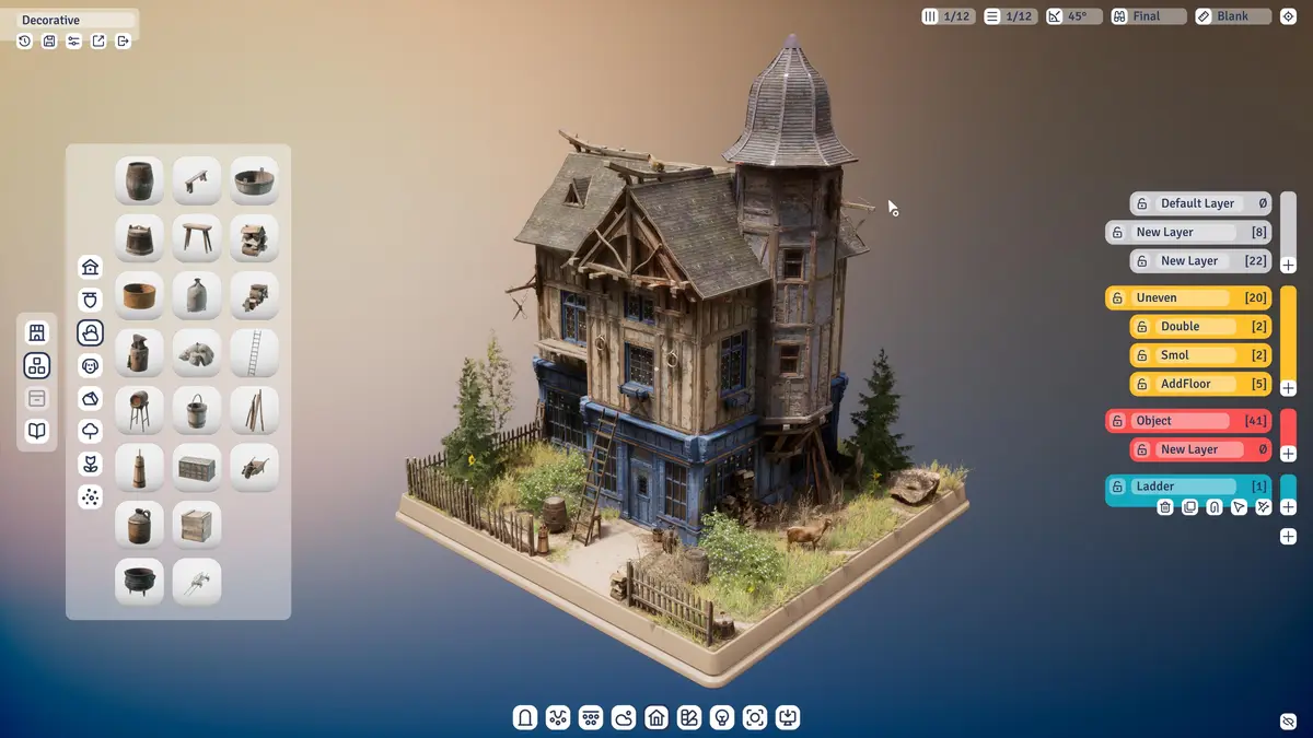 A screenshot of a 3D modeling or game asset creation software interface showing a detailed, rustic, two-story wooden house…
