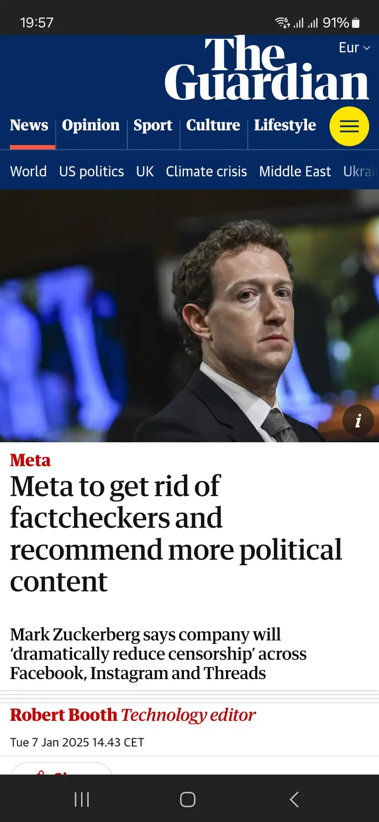 A screenshot of The Guardian's mobile news app shows a headline about Meta removing factcheckers and promoting political…