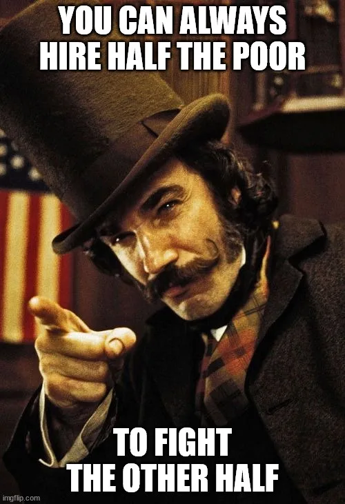 A man in a top hat and suit points accusingly at the viewer. The text overlaid on the image reads 'YOU CAN ALWAYS HIRE HALF…