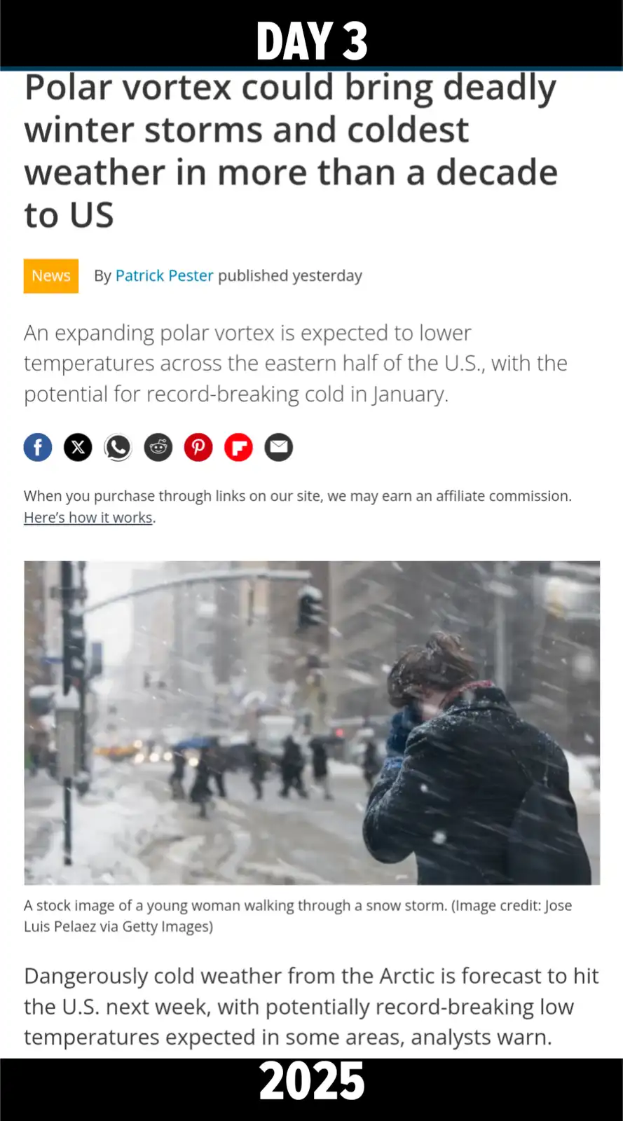 A screenshot of a news article about a polar vortex bringing deadly winter storms and record-breaking cold to the US…