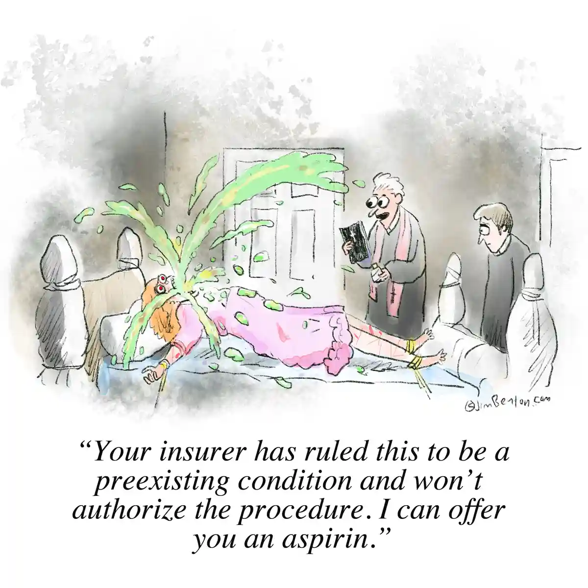 A cartoon depicts a woman in a pink dress lying on a hospital bed, covered in green goo, as a priest in a grey robe and pink…