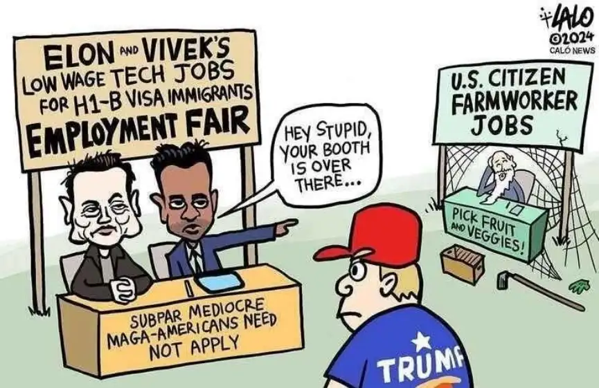 A cartoon depicts a caricature of Trump in a blue 'TRUMP' shirt and red cap pointing at a booth labeled 'ELON AND VIVEK'S…