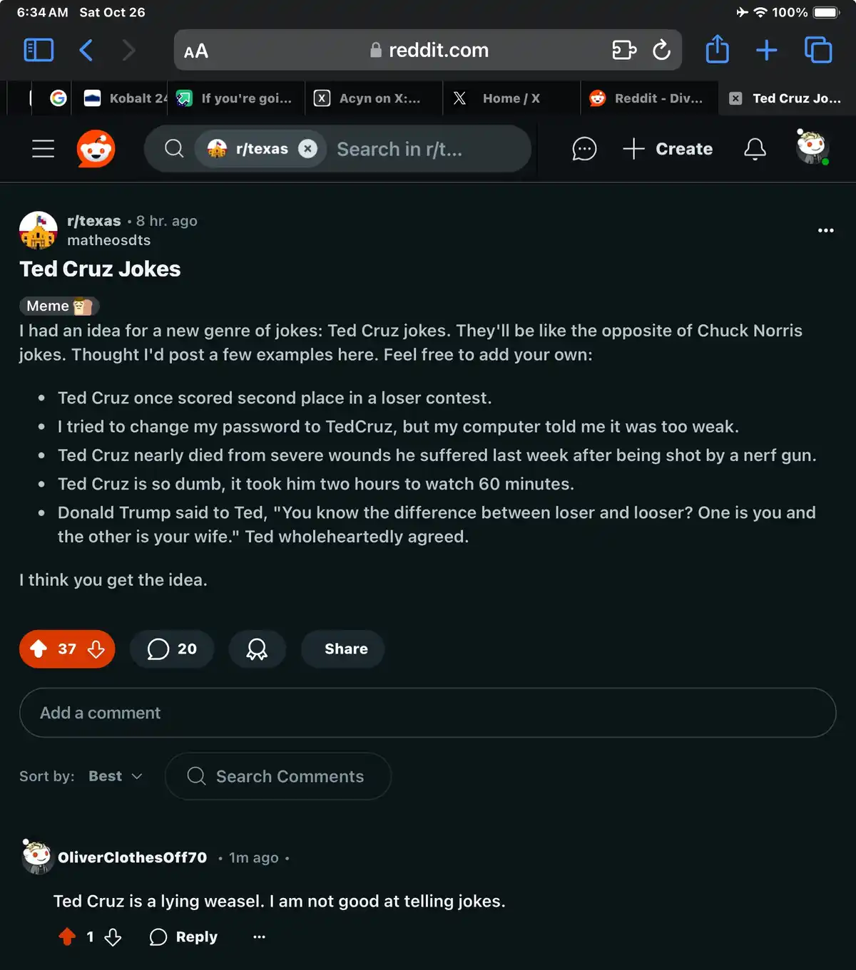 A screenshot of a Reddit post in the r/texas subreddit where user 'matheosdts' proposes a new genre of jokes called 'Ted…