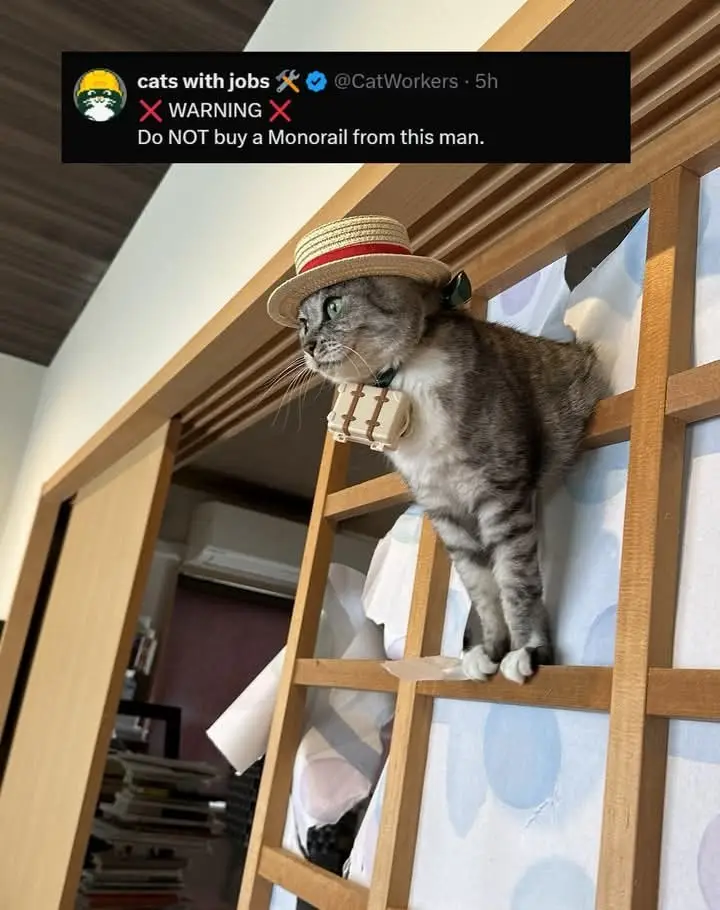 A gray tabby cat wearing a straw boater hat and a small beige monorail car attached to its neck stands on a wooden lattice…