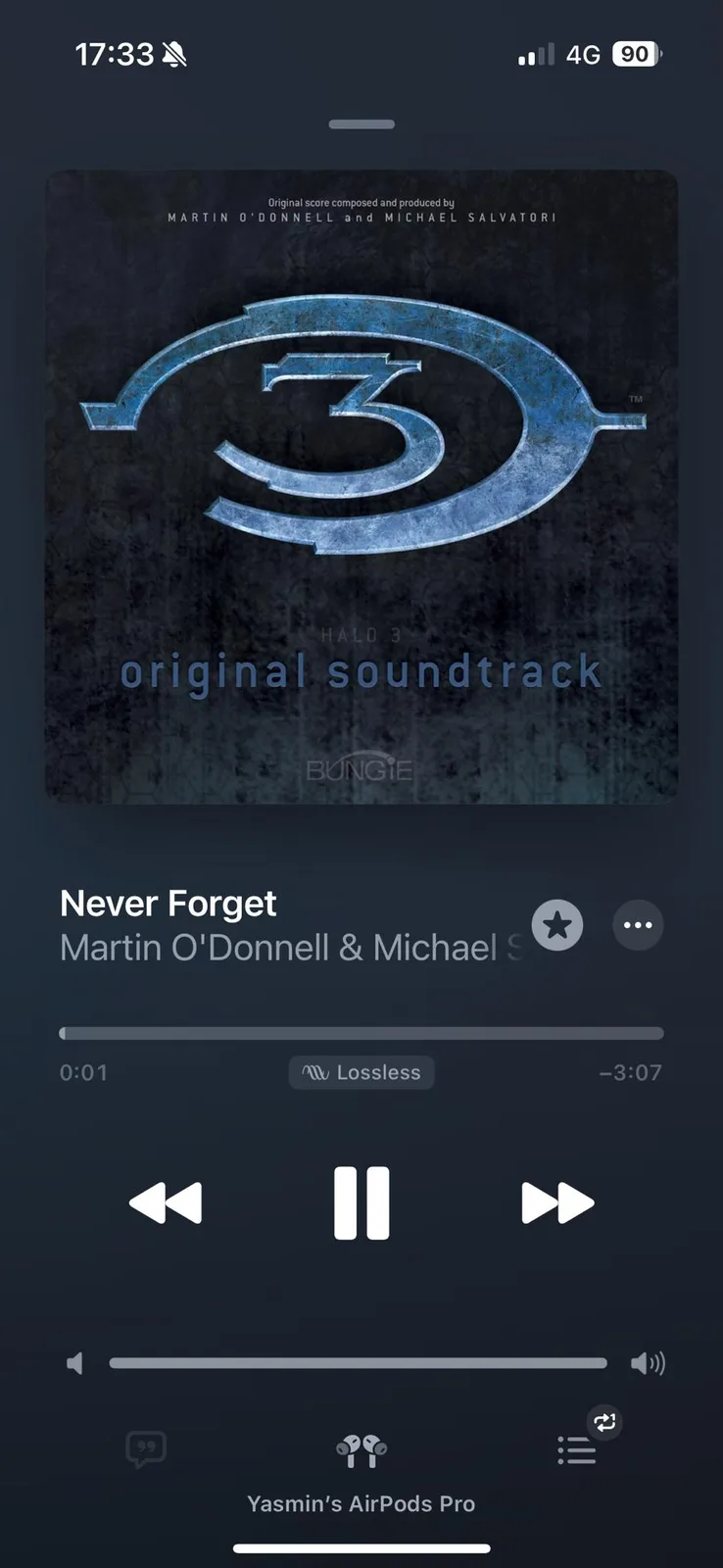 A screenshot of a music player app showing the song 'Never Forget' by Martin O'Donnell & Michael Salvatori from the Halo 3…