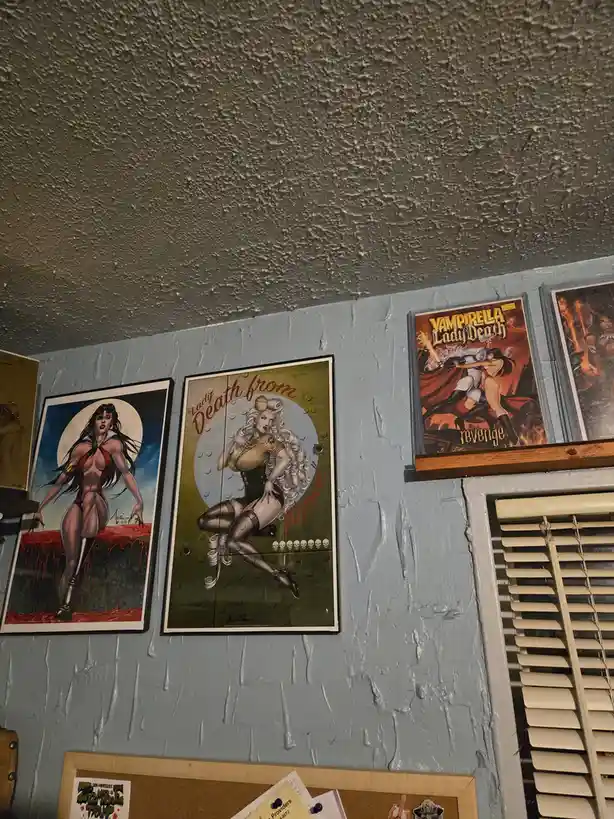 A wall displays several framed comic book posters featuring the character Lady Death, including one with the text 'Lady…