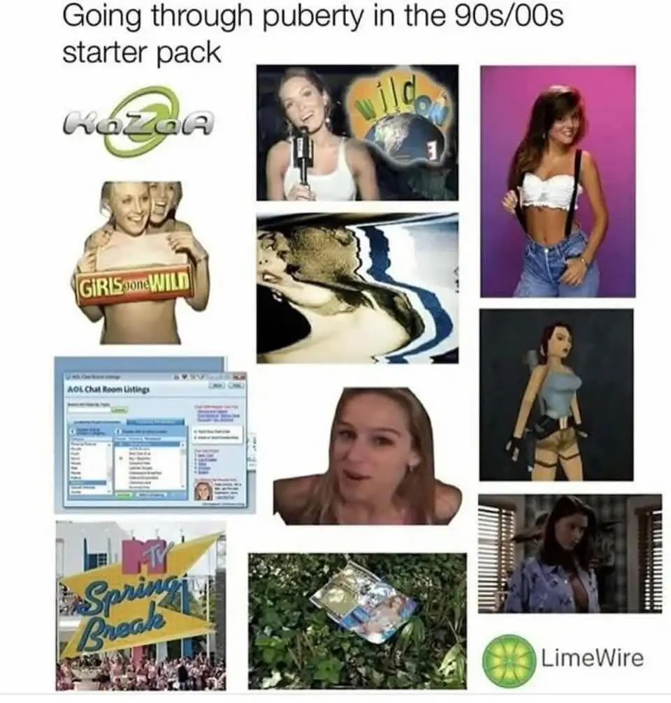 A collage of 9 images representing 90s/00s internet and pop culture: KaZaA logo, a woman holding a 'Girls Gone Wild' sign, a…