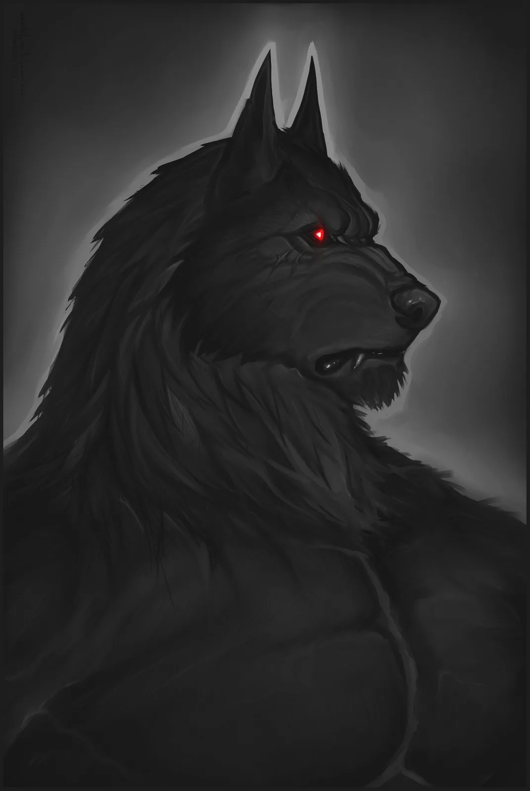 A dark, moody digital painting shows the side profile of a large, black-furred wolf with glowing red eyes and sharp fangs…
