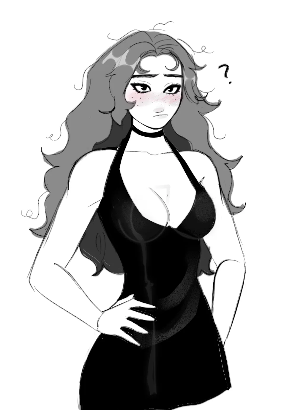 A grayscale anime-style illustration of a woman with long wavy hair, wearing a black halter dress and a choker, standing…