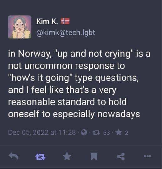 A screenshot of a tweet from user Kim K. (@kimk@tech.lgbt) with a Norwegian flag next to their name. The tweet text reads…