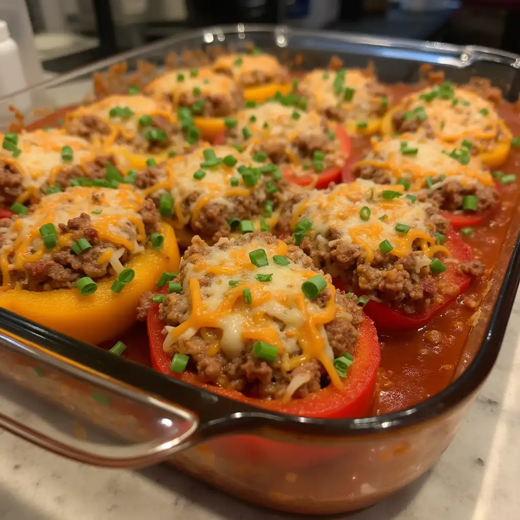 A close-up photo of a glass baking dish filled with stuffed bell peppers, both red and yellow, topped with melted cheese…