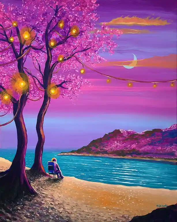 A painting depicts a person sitting in a chair under a large, blossoming pink tree adorned with string lights, overlooking a…