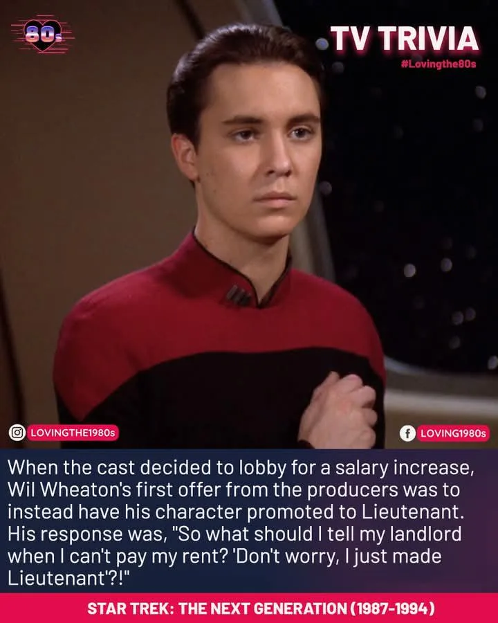A still image of actor Wil Wheaton in his red Starfleet uniform from 'Star Trek: The Next Generation,' looking serious…