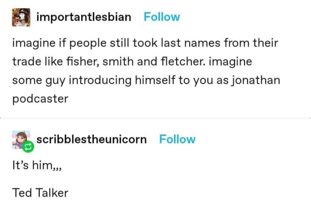 The image shows a screenshot of two social media comments. The first comment by 'importantlesbian' imagines a world where…