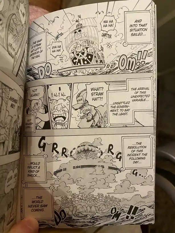 A black-and-white manga page from One Piece shows the Straw Hat Pirates' ship arriving dramatically, causing shock and…